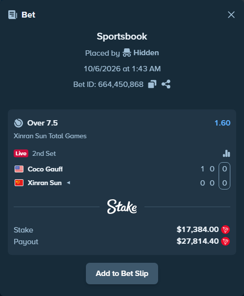 Bet slip: Coco Gauff - Xinran Sun, $17,378.79 stake at 1.60 odds, placed by Hidden