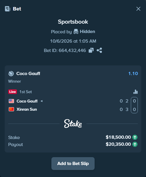 Bet slip: Coco Gauff - Xinran Sun, $18,500.00 stake at 1.10 odds, placed by Hidden