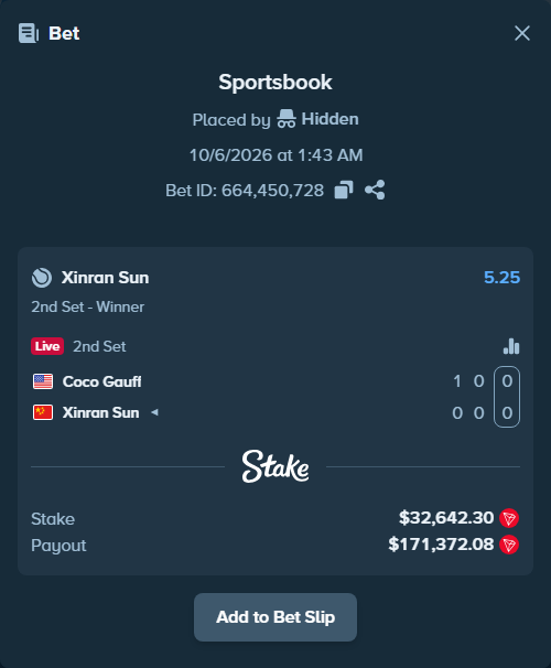 Bet slip: Coco Gauff - Xinran Sun, $32,632.53 stake at 5.25 odds, placed by Hidden