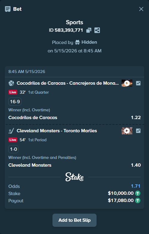 Bet slip: Cocodrilos de Caracas - Pioneros del Avila, $10,000.00 stake at 1.22 odds, placed by Hidden
