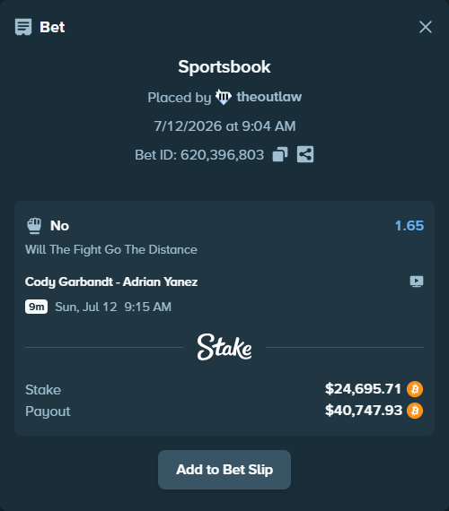 Bet slip: Cody Garbandt - Adrian Yanez, $24,796.91 stake at 1.65 odds, placed by theoutlaw