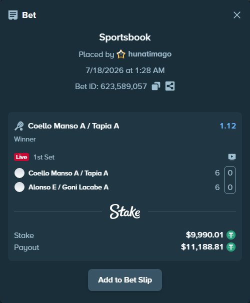 Bet slip: Coello Manso A / Tapia A - Alonso E / Goni Lacabe A, $10,000.00 stake at 1.12 odds, placed by hunatimago