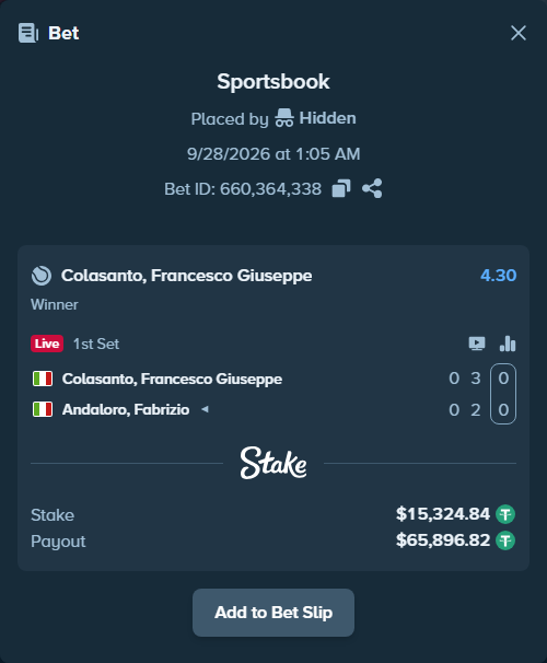 Bet slip: Colasanto, Francesco Giuseppe - Andaloro, Fabrizio, $15,324.84 stake at 4.30 odds, placed by Hidden