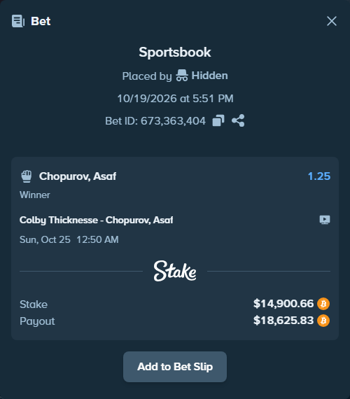 Bet slip: Colby Thicknesse - Chopurov, Asaf, $14,880.42 stake at 1.25 odds, placed by Hidden