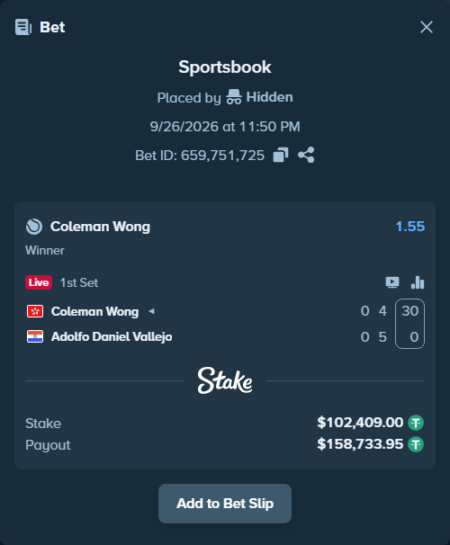Bet slip: Coleman Wong - Adolfo Daniel Vallejo, $102,409.00 stake at 1.55 odds, placed by Hidden