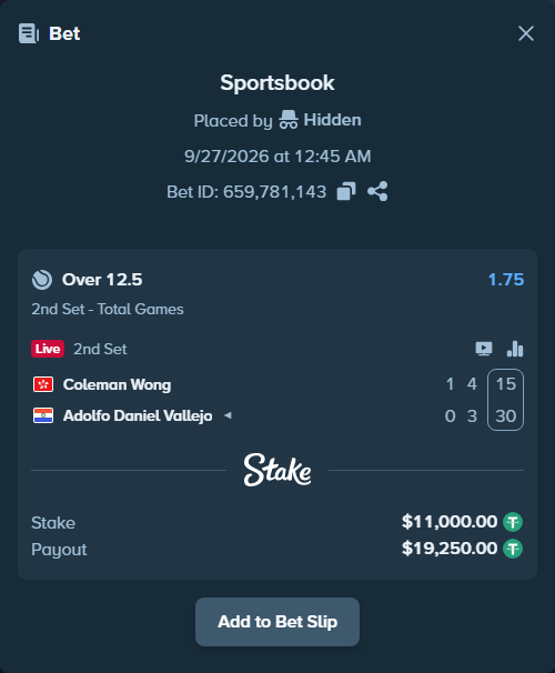 Bet slip: Coleman Wong - Adolfo Daniel Vallejo, $11,000.00 stake at 1.75 odds, placed by diomancy