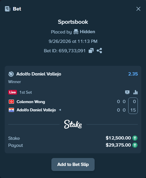 Bet slip: Coleman Wong - Adolfo Daniel Vallejo, $12,500.00 stake at 2.35 odds, placed by Hidden