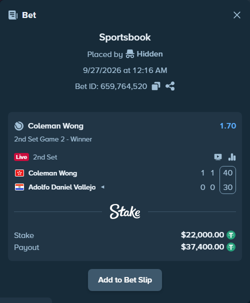 Bet slip: Coleman Wong - Adolfo Daniel Vallejo, $22,000.00 stake at 1.70 odds, placed by SH7N28