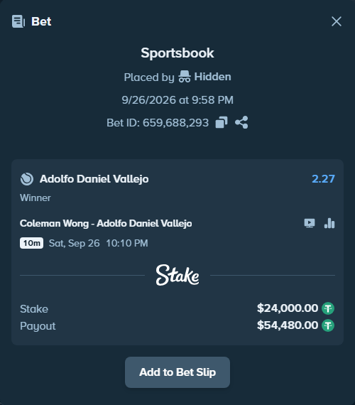 Bet slip: Coleman Wong - Adolfo Daniel Vallejo, $24,000.00 stake at 2.27 odds, placed by Hidden