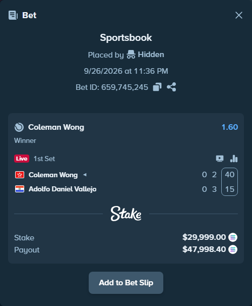 Bet slip: Coleman Wong - Adolfo Daniel Vallejo, $30,182.08 stake at 1.60 odds, placed by Hidden