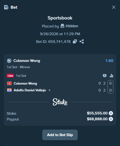 Bet slip: Coleman Wong - Adolfo Daniel Vallejo, $55,962.17 stake at 1.60 odds, placed by Hidden