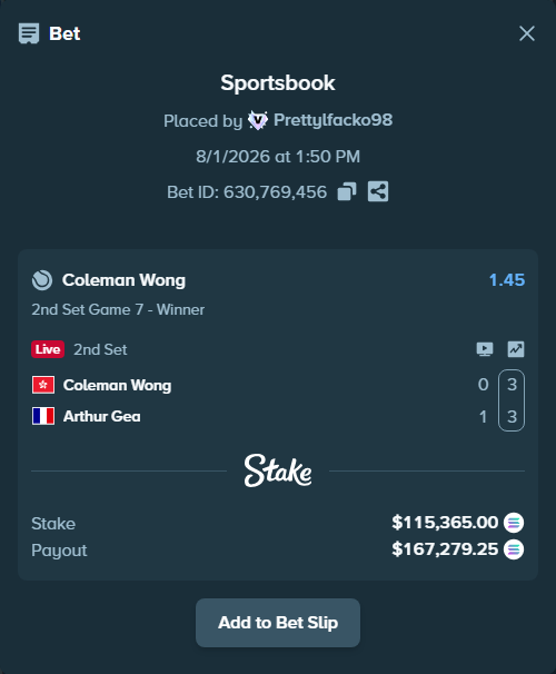 Bet slip: Coleman Wong - Arthur Gea, $114,854.97 stake at 1.45 odds, placed by Prettylfacko98