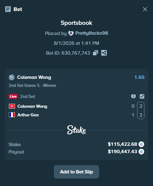 Bet slip: Coleman Wong - Arthur Gea, $114,996.28 stake at 1.65 odds, placed by Prettylfacko98