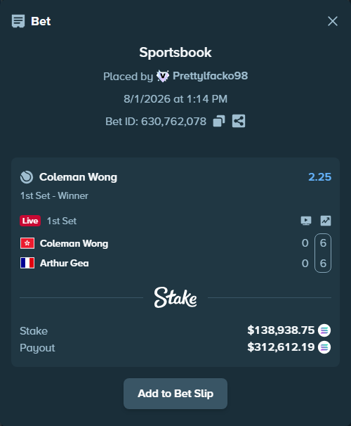 Bet slip: Coleman Wong - Arthur Gea, $138,627.41 stake at 2.25 odds, placed by Prettylfacko98