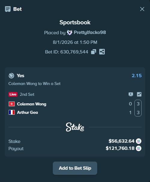 Bet slip: Coleman Wong - Arthur Gea, $56,382.27 stake at 2.15 odds, placed by Prettylfacko98
