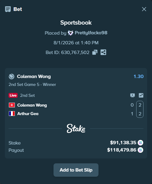 Bet slip: Coleman Wong - Arthur Gea, $90,801.66 stake at 1.30 odds, placed by Prettylfacko98