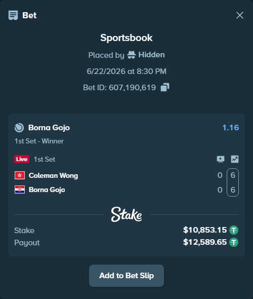 Bet slip: Coleman Wong - Borna Gojo, $10,864.00 stake at 1.16 odds, placed by Hidden