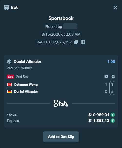 Bet slip: Coleman Wong - Daniel Altmaier, $11,000.00 stake at 1.08 odds, placed by RyazheniyPetuh