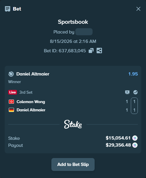 Bet slip: Coleman Wong - Daniel Altmaier, $14,991.71 stake at 1.95 odds, placed by Mashko21