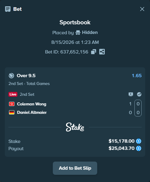 Bet slip: Coleman Wong - Daniel Altmaier, $15,178.00 stake at 1.65 odds, placed by Hidden