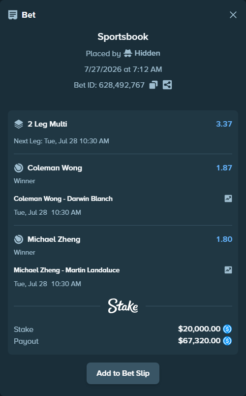 Bet slip: Coleman Wong - Darwin Blanch, $20,000.00 stake at 1.87 odds, placed by Hidden