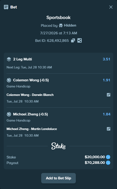 Bet slip: Coleman Wong - Darwin Blanch, $20,000.00 stake at 1.91 odds, placed by Hidden