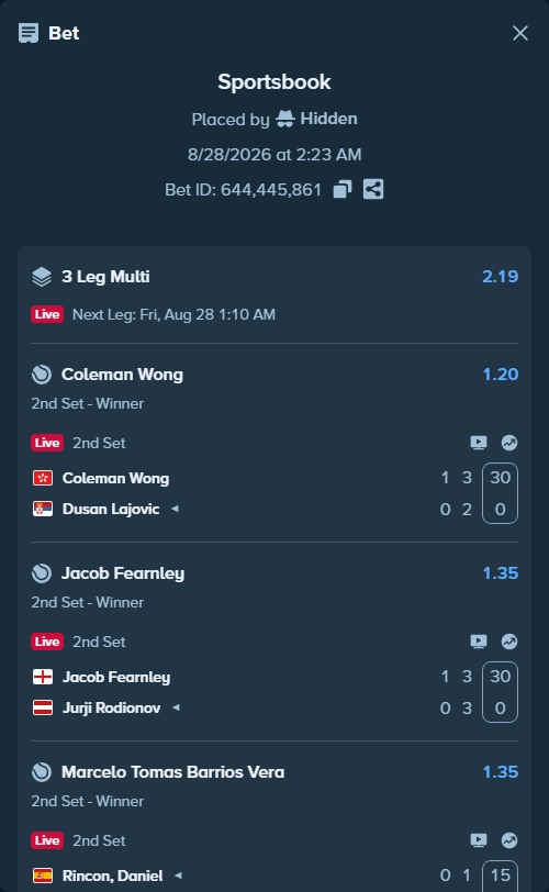 Bet slip: Coleman Wong - Dusan Lajovic, $51,109.00 stake at 1.20 odds, placed by Hidden