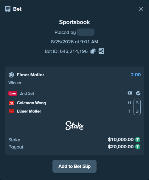 Bet slip: Coleman Wong - Elmer Moller, $10,000.00 stake at 2.00 odds, placed by Raydoc8