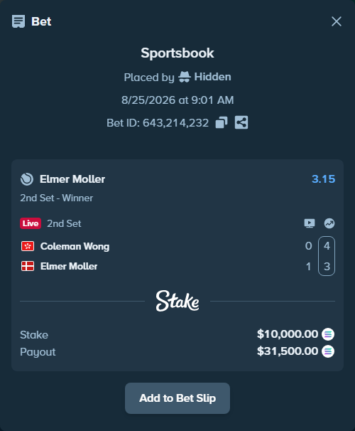 Bet slip: Coleman Wong - Elmer Moller, $10,365.95 stake at 3.15 odds, placed by Hidden