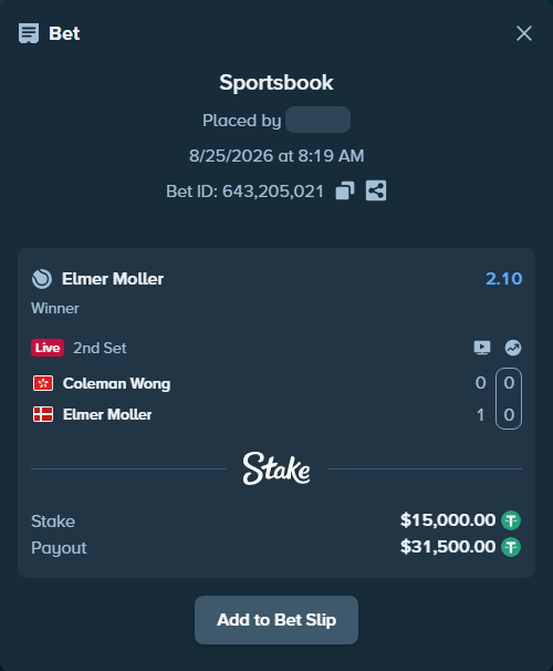 Bet slip: Coleman Wong - Elmer Moller, $15,000.00 stake at 2.10 odds, placed by Mishobg86