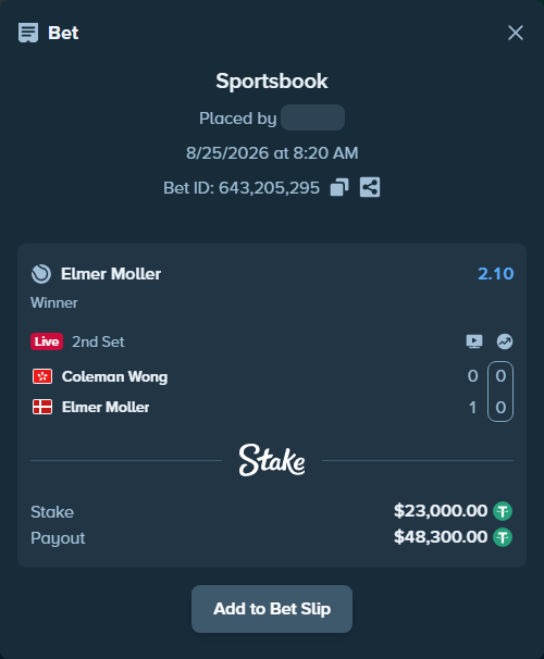 Bet slip: Coleman Wong - Elmer Moller, $23,000.00 stake at 2.10 odds, placed by Mishobg86