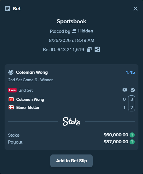 Bet slip: Coleman Wong - Elmer Moller, $60,000.00 stake at 1.45 odds, placed by Hidden