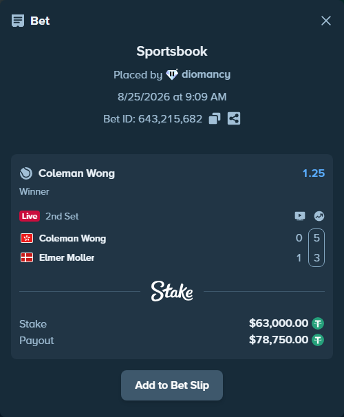 Bet slip: Coleman Wong - Elmer Moller, $63,000.00 stake at 1.25 odds, placed by diomancy