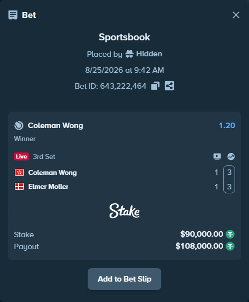 Bet slip: Coleman Wong - Elmer Moller, $90,000.00 stake at 1.20 odds, placed by Hidden