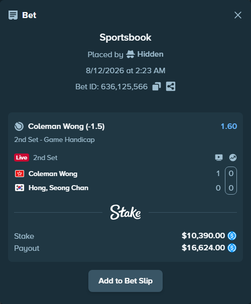 Bet slip: Coleman Wong - Hong, Seongchan, $10,390.00 stake at 1.60 odds, placed by Hidden