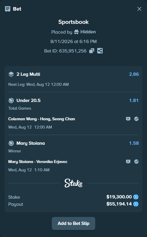 Bet slip: Coleman Wong - Hong, Seongchan, $19,300.00 stake at 1.81 odds, placed by Hidden