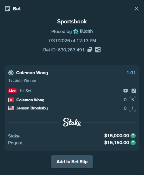 Bet slip: Coleman Wong - Jenson Brooksby, $15,015.00 stake at 1.01 odds, placed by lillaith