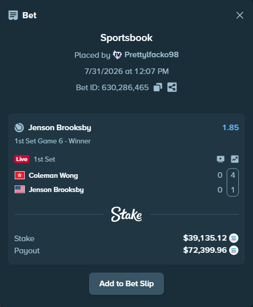 Bet slip: Coleman Wong - Jenson Brooksby, $38,279.55 stake at 1.85 odds, placed by Prettylfacko98