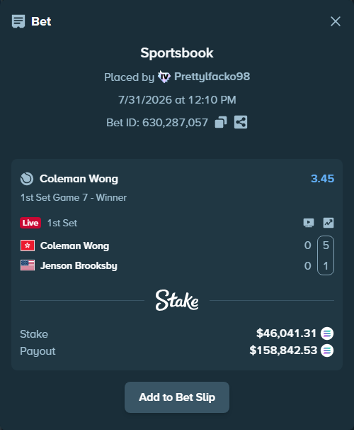 Bet slip: Coleman Wong - Jenson Brooksby, $45,135.14 stake at 3.45 odds, placed by Prettylfacko98