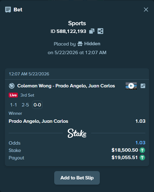 Bet slip: Coleman Wong - Juan Carlos Prado Angelo, $18,519.00 stake at 1.03 odds, placed by Hidden