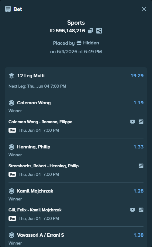 Bet slip: Coleman Wong - Romano, Filippo, $13,536.86 stake at 1.19 odds, placed by Hidden