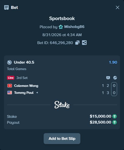 Bet slip: Coleman Wong - Tommy Paul, $15,000.00 stake at 1.90 odds, placed by Mishobg86