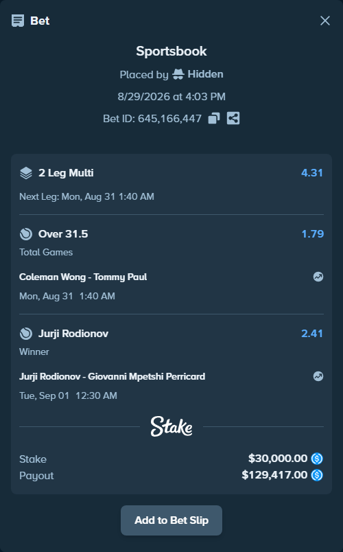 Bet slip: Coleman Wong - Tommy Paul, $30,000.00 stake at 1.79 odds, placed by Hidden