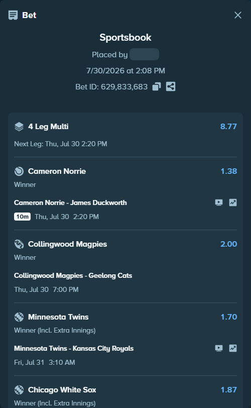 Bet slip: Collingwood Magpies - Geelong Cats, $10,000.00 stake at 2.00 odds, placed by Maxprof