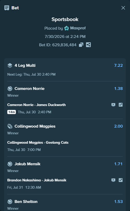 Bet slip: Collingwood Magpies - Geelong Cats, $10,000.00 stake at 2.00 odds, placed by Maxprof