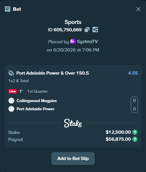 Bet slip: Collingwood Magpies - Port Adelaide Power, $12,512.50 stake at 4.55 odds, placed by SyztmzTV