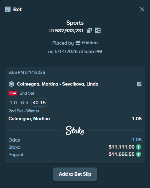 Bet slip: Colmegna, Martina - Sevcikova, Linda, $11,111.00 stake at 1.05 odds, placed by Hidden