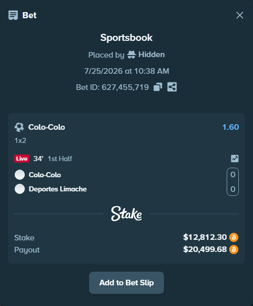 Bet slip: Colo-Colo - Deportes Limache, $12,864.80 stake at 1.60 odds, placed by Hidden