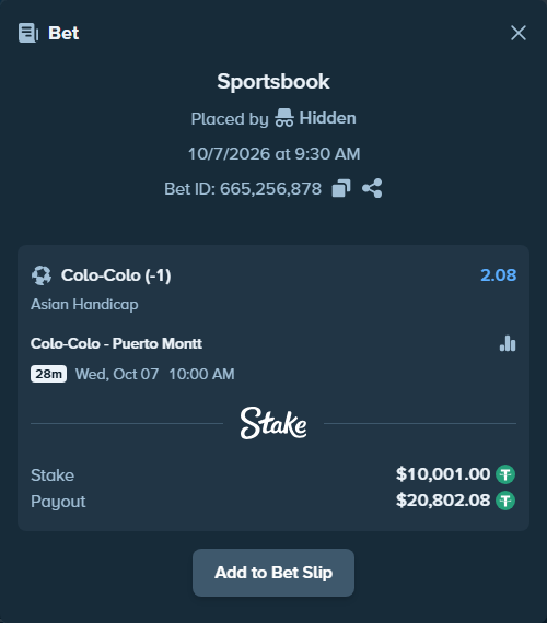 Bet slip: Colo-Colo - Puerto Montt, $10,000.00 stake at 2.08 odds, placed by Hidden