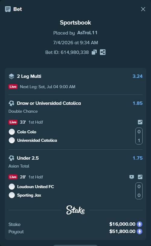 Bet slip: Colo Colo - Universidad Catolica, $16,330.07 stake at 1.85 odds, placed by AsTraL11
